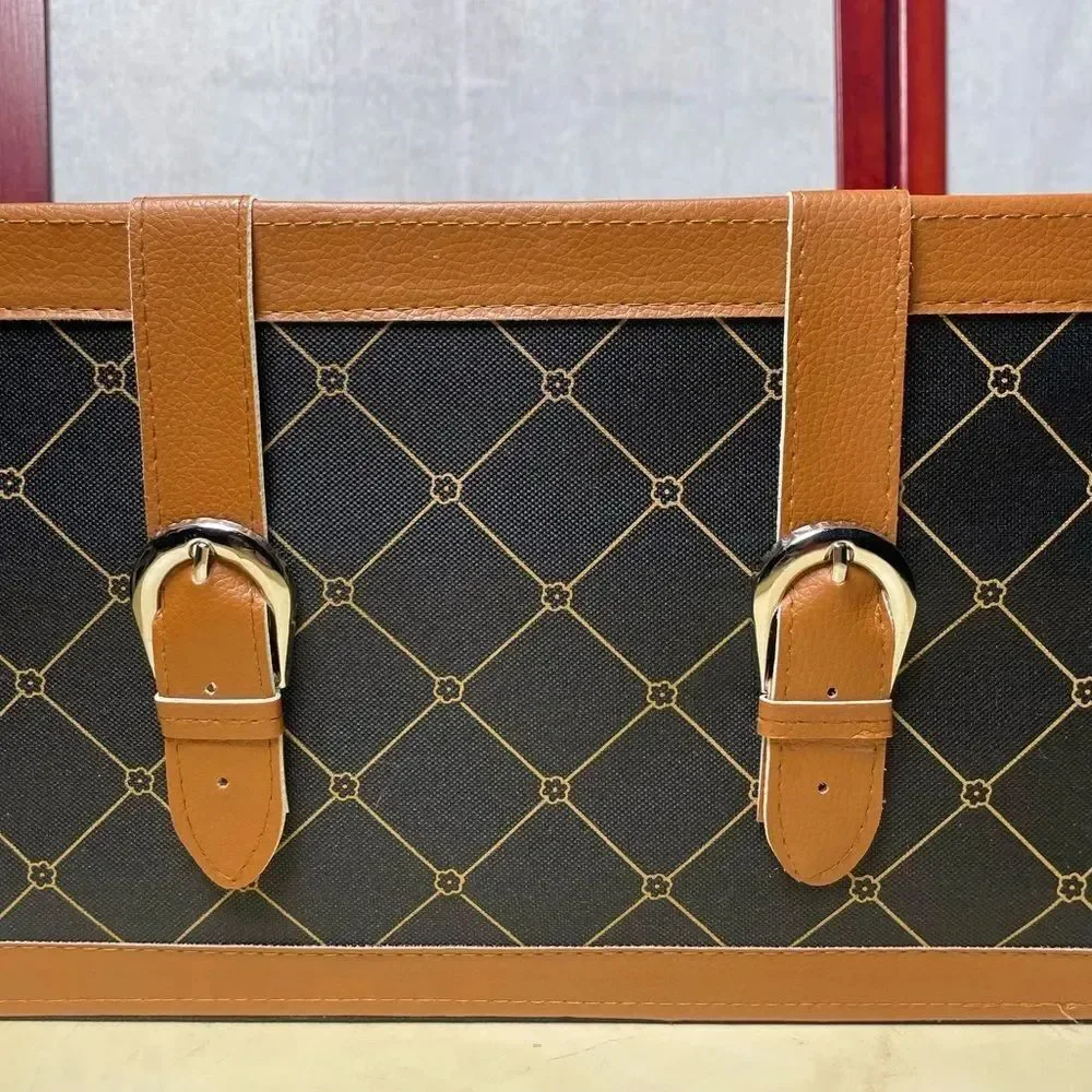 Elegant Black Fabric Storage Bin w/Brown Faux Leather Accents & Monogram Print